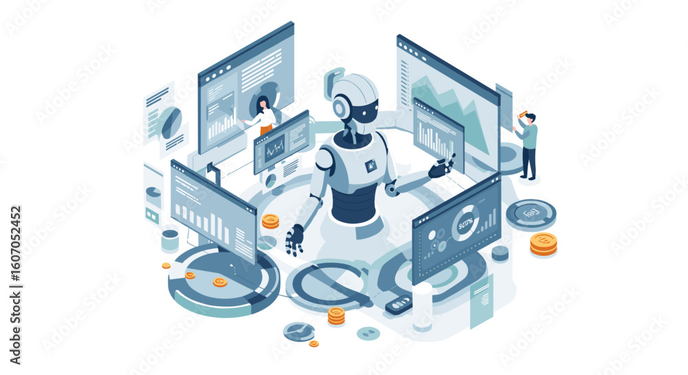 Poster futuristic ai robot managing data analytics on digital screens