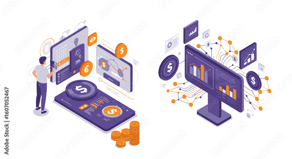Poster isometric digital finance concepts with data analysis and cryptocurren