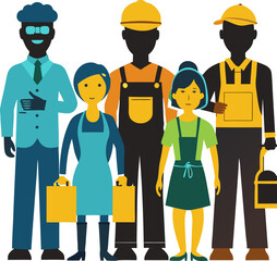 Vector silhouettes of diverse workers (engineer, nurse, builder, mechanic).