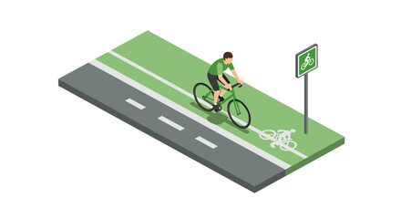 Isometric bicycle lane with cyclist and sign on green pathway
