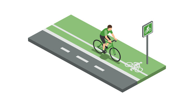 Isometric bicycle lane with cyclist and sign on green pathway