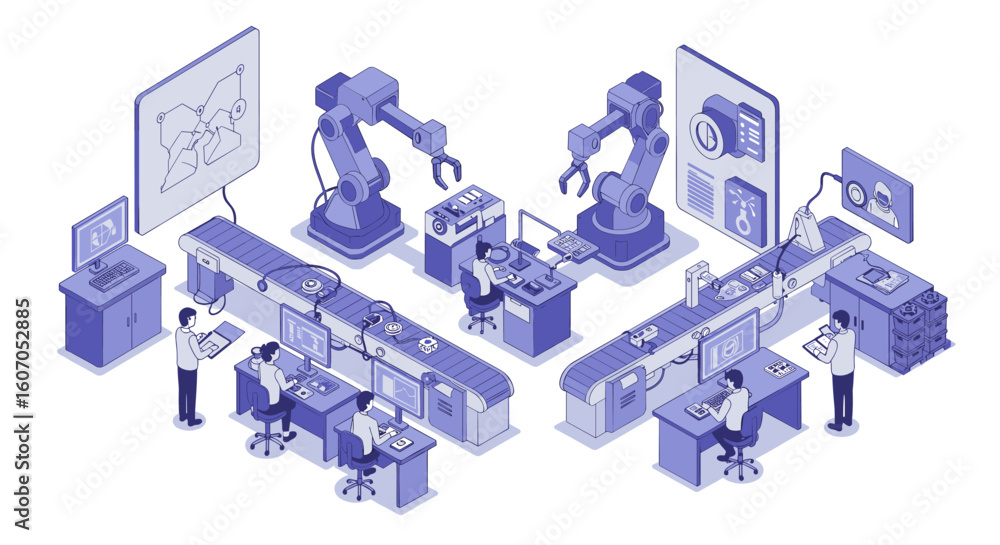 Poster modern isometric factory with automated robotic assembly line and digi