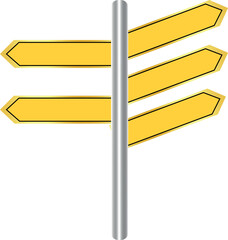 Directional signpost with four blank yellow signs pointing in different directions concept