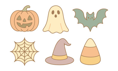 Cute halloween icon set featuring ghost, pumpkin, bat, and candy corn in pastel colors