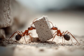 Two ants working together to move a small block on a sandy surface in bright daylight
