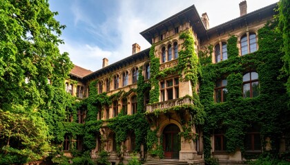 Historic Building Covered in Lush Green Ivy Under a Bright Blue Sky