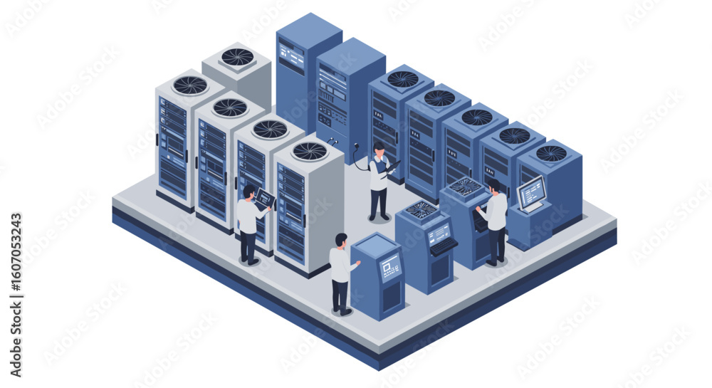 Aufkleber isometric data center with engineers managing servers and technology