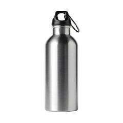 Metallic water bottle against black background for promotional use/product mockup