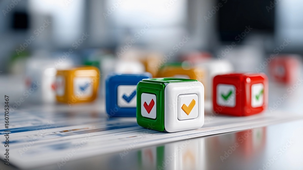 Poster colorful blocks with check marks arranged on a table in a creative workspace