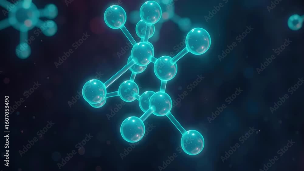 Poster glowing molecules in motion with abstract background of science and technology concepts