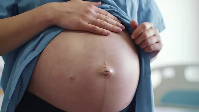 Pregnant woman gently holds her large, visibly rounded belly, showcasing the advanced stages of pregnancy.