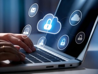 Closeup of hands using a laptop, with cloud security icons and digital locks highlighting data protection and online safety