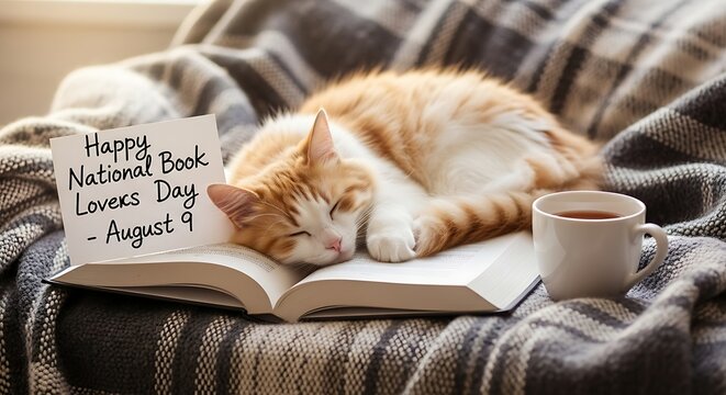 Ginger cat sleeping on an open book, next to a cup of tea during national book lovers day