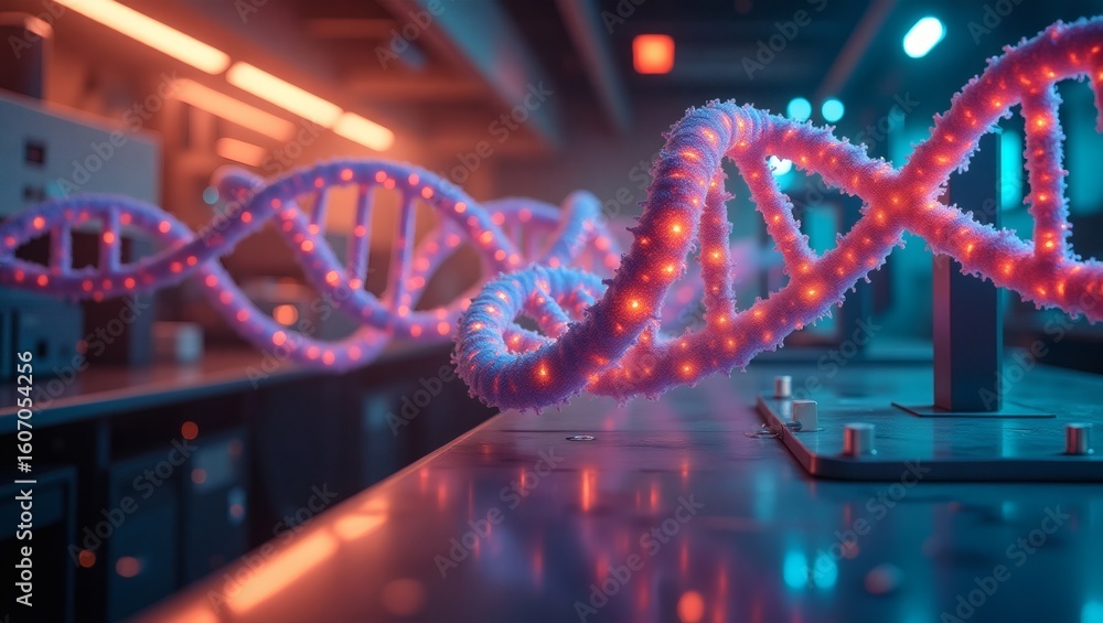 Poster a dna model inside of a laboratory, showcasing the intersection of science and innovation