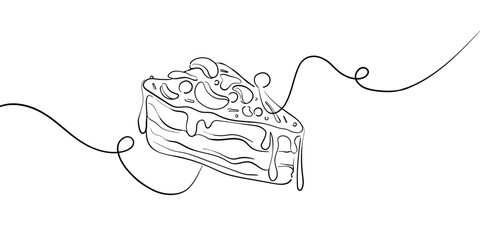 Piece of cake, continious line drawing. Desserts and sweets outline. Vector illustration