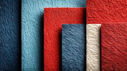 Red, blue, and white paper sheets arranged at an angle on a red background