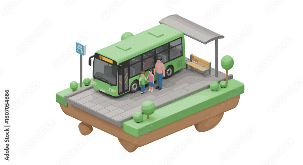 Poster isometric city bus stop with passengers and green bus on floating plat