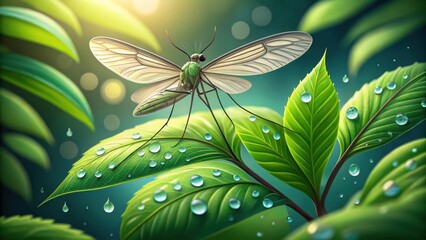 Detailed close up of a mosquito perched on dew kissed green leaves isolated on white background