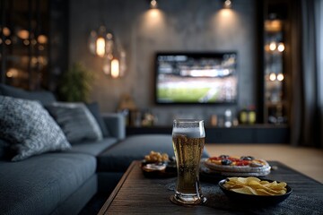 Enjoying snacks and drinks while watching sports at home during the evening