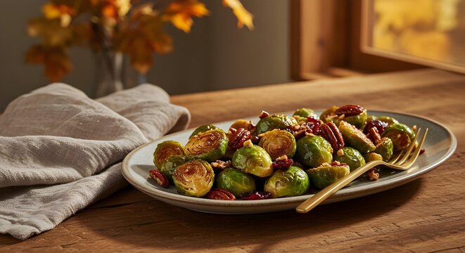 Maple-glazed Brussels sprouts with crispy edges and toasted pecans, served on a rustic farmhouse table, captured in golden hour light. Perfect for autumn-themed culinary imagery 