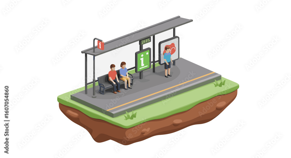Poster isometric bus stop with passengers and timetable on floating platform