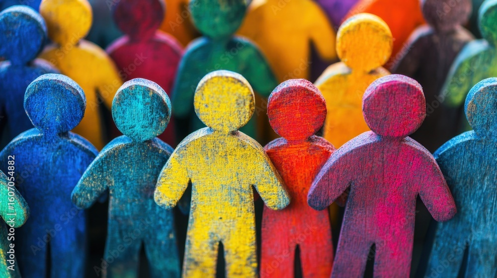 Poster colorful wooden figures in a crowd symbolizing diversity and unity in community life for stock image