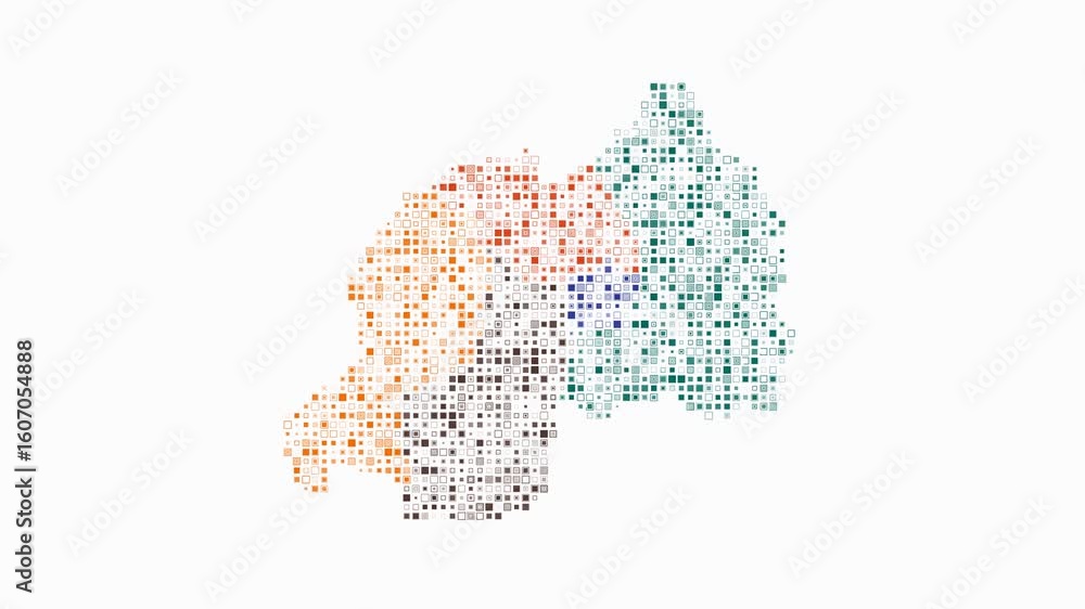 Poster rwanda dotted animation. shape of the country build of pulsating colored dots. small size square blo