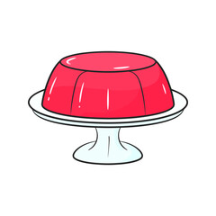 A shiny red gelatin dessert with glossy highlights, served on a white pedestal cake stand.