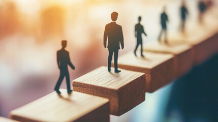 Business Growth Concept Illustrating Progress with Silhouettes Walking Up Wooden Blocks Against a Blurred Background of Success and Opportunity