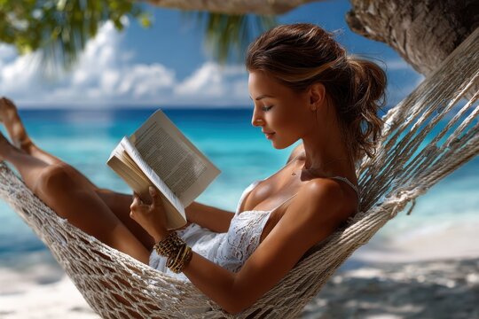 Woman enjoying a book while relaxing in a hammock on a sunny beach - Powered by Adobe