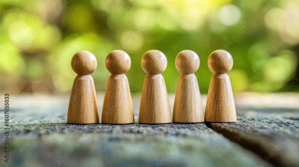 Poster group of wooden figurines symbolizing unity and teamwork in a natural environment with soft blurred 