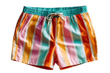Vibrant striped swim trunks.  Colorful horizontal stripes of orange, yellow, pink, light blue, and teal adorn the shorts.  Elastic waistband with drawcord.  Simple design