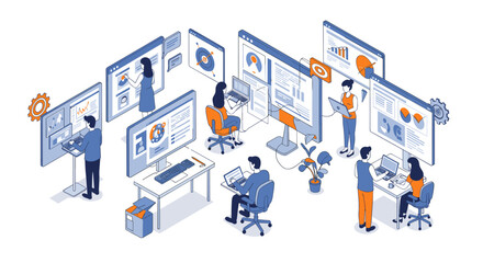 Modern office with technology in isometric style for team collaboratio