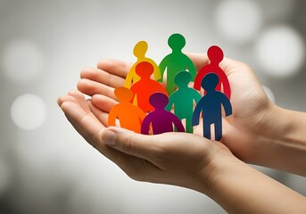 Human hands holding colorful paper people symbolizing community diversity inclusion and social responsibility with a blurred background highlighting togetherness