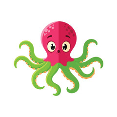 A cartoon octopus with a pink head and green tentacles, isolated.