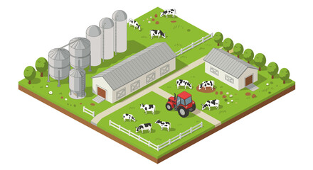 Isometric dairy farm with cows and tractor in a lush pasture setting