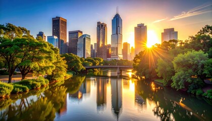 Obraz premium Melbourne Skyline at Sunset: Golden Reflections on the Yarra River