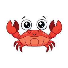 Cartoon illustration of a cute, smiling red crab with large eyes and raised claws on a white background.