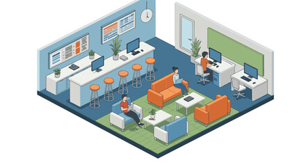 Obraz premium Modern isometric office lounge with collaborative workspace and techno