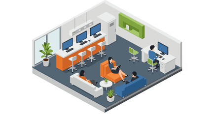 Fototapeta premium Modern office isometric layout with employees and technology