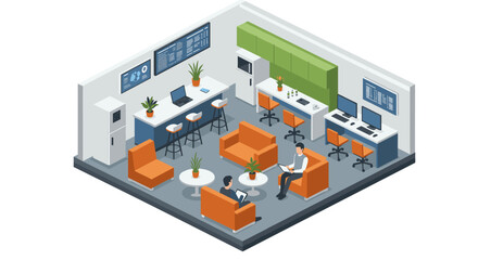 Fototapeta premium Modern isometric office lounge with seating area and workstations