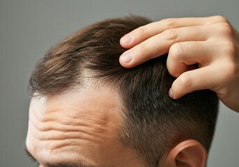 Fototapeta premium Man examining his hairline for thinning and signs of hair loss with a worried expression conceptual shot for hair care and mens health