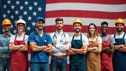 Diverse group of American workers standing in front of the US flag