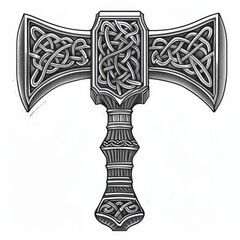 ntricate black and white illustration of Thor's Hammer, Mjolnir, adorned with ancient Nordic and Celtic knotwork. Symbolizes strength, protection, and ancient mythology.