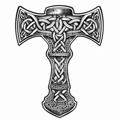ntricate black and white illustration of Thor's Hammer, Mjolnir, adorned with ancient Nordic and Celtic knotwork. Symbolizes strength, protection, and ancient mythology.