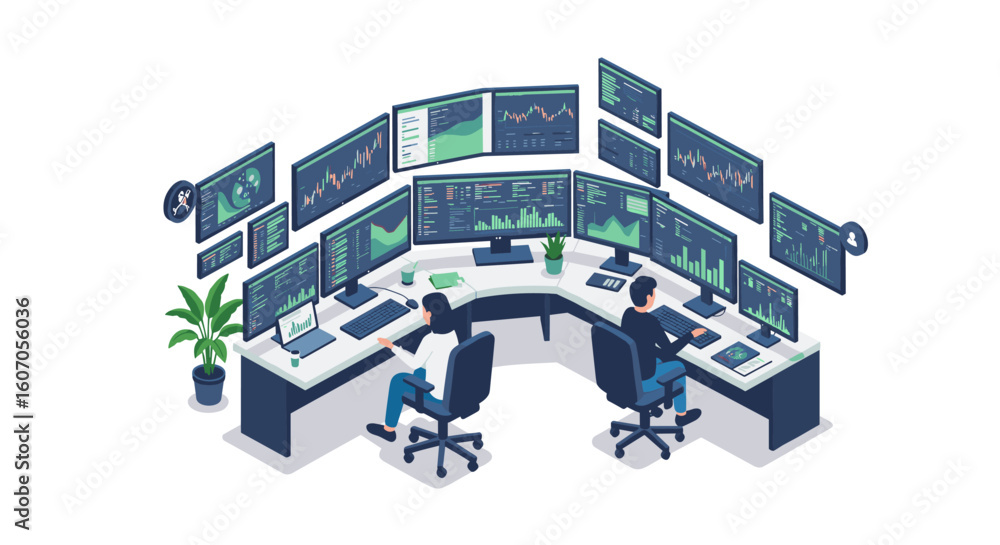 Poster isometric trading desk setup with multiple monitors and financial char