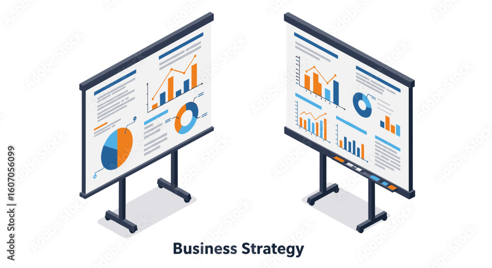Poster isometric business presentation with data charts and graphs