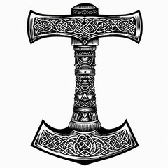 ntricate black and white illustration of Thor's Hammer, Mjolnir, adorned with ancient Nordic and Celtic knotwork. Symbolizes strength, protection, and ancient mythology.