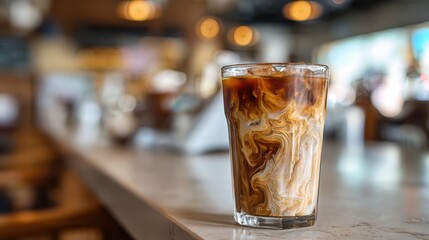 A beautifully swirled iced coffee drink served in a tall glass, perfect for hot days.