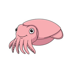 Cartoon illustration of a smiling, pink cuttlefish, isolated on white background.